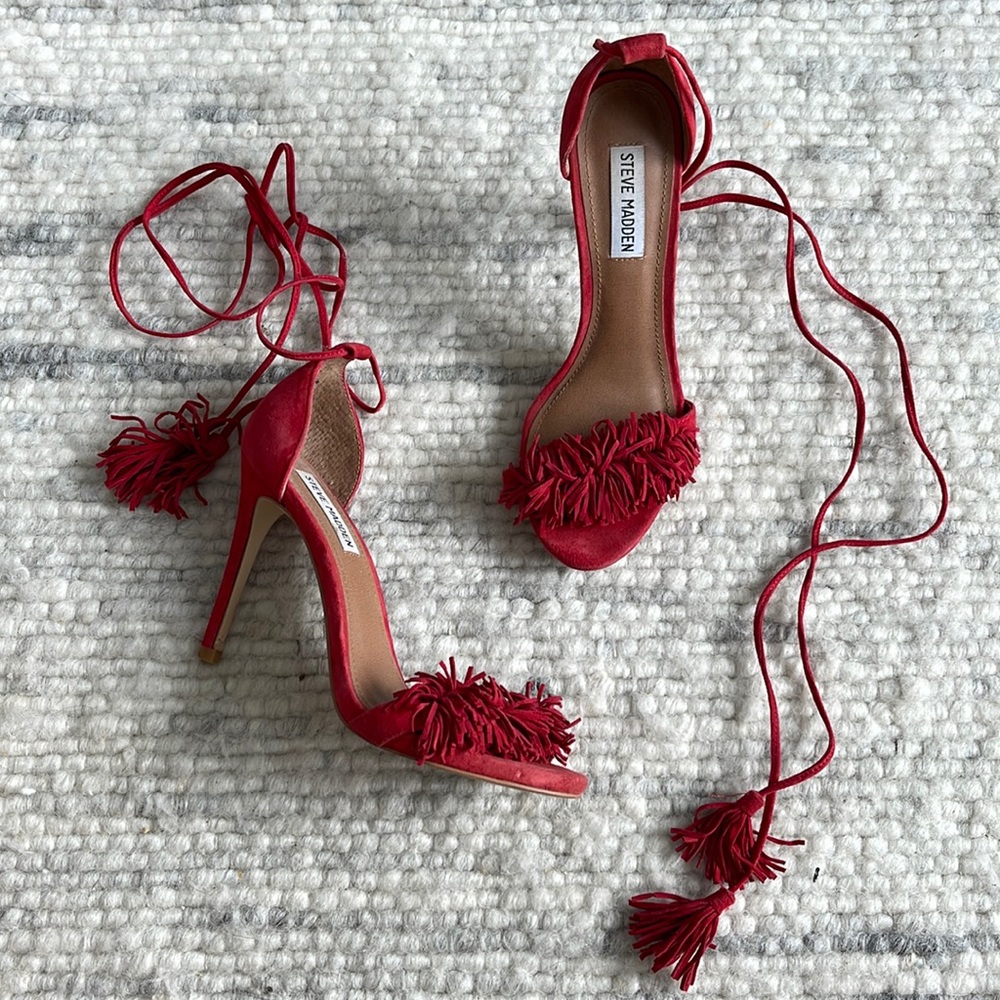 Steve Madden Red Fringe Lace-Up Stiletto Heels